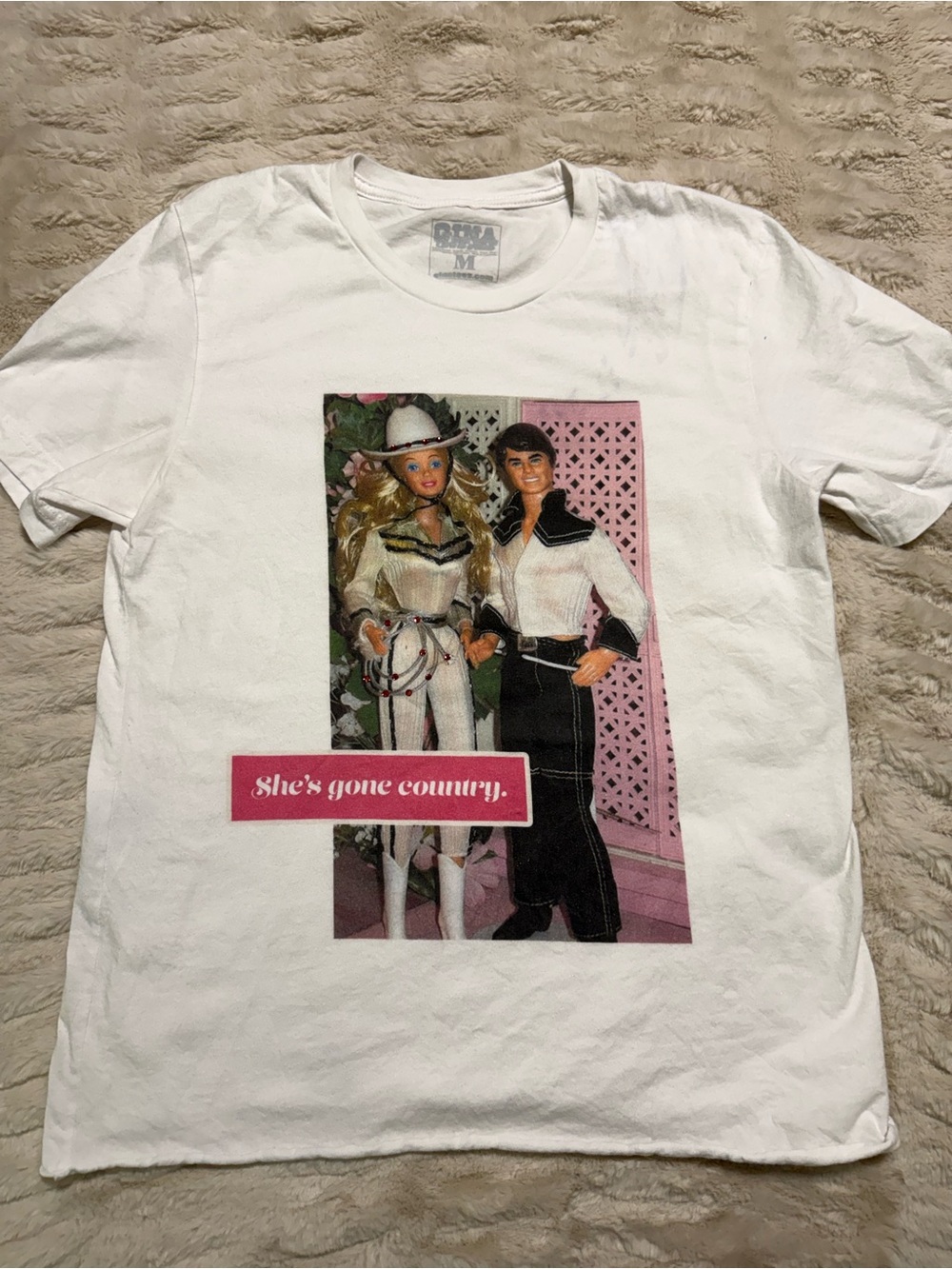 Women’s Graphic White Barbie She’s Gone Country Tee with Pink Country Medium